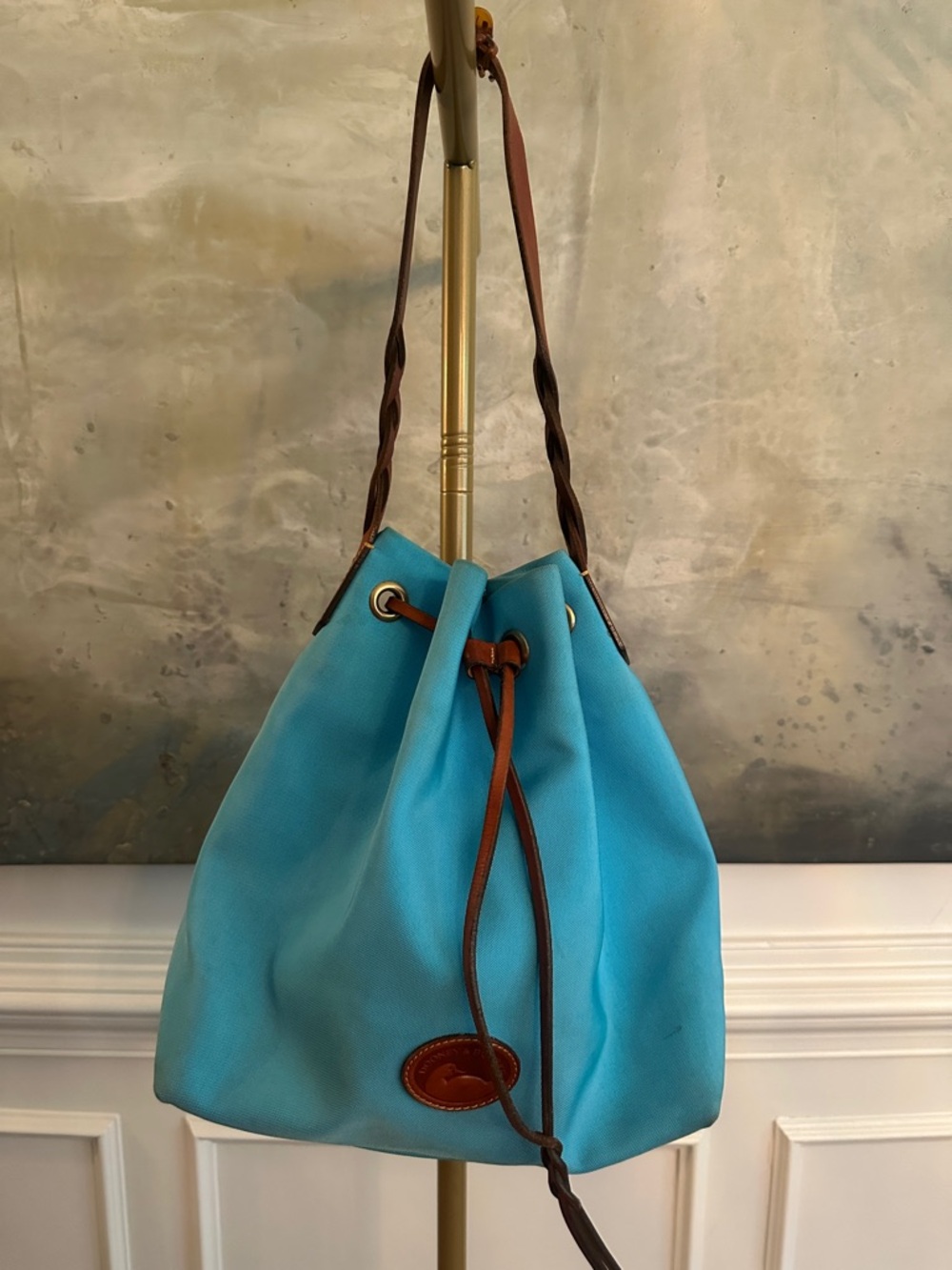 Dooney & Bourke Turquoise Drawstring Shoulder Bag with Brown Leather Trim